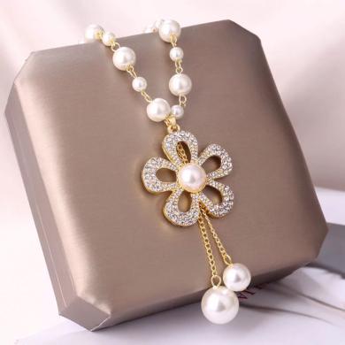 China Women's Long Fashion Necklace All-match Pearl Rhinestone Flower Pendant Decorative Sweater Chain Accessories for sale