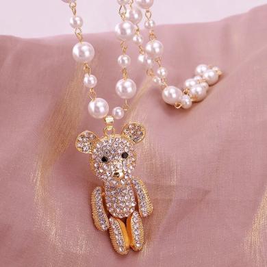 China New pearl fashion female fashion long necklace cute autumn and winter decoration sweater chain Crystal Bear Pendant Hanging Chain for sale