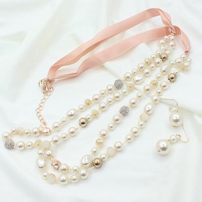 China Fashion Korean Ladies Long Necklace Sweater Accessories Diamond Ball Hand Knitted Crystal Glass Bead Pearl Earring Earring Necklace Set for sale