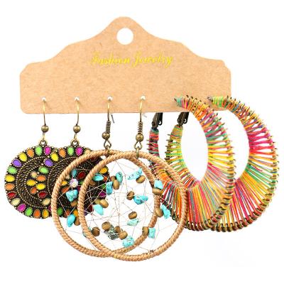 China Retro BOHEMIA Earring Set Combination Style Female Ethnic Earrings Round Metal Tassel Earrings Border Handwoven Accessories for sale