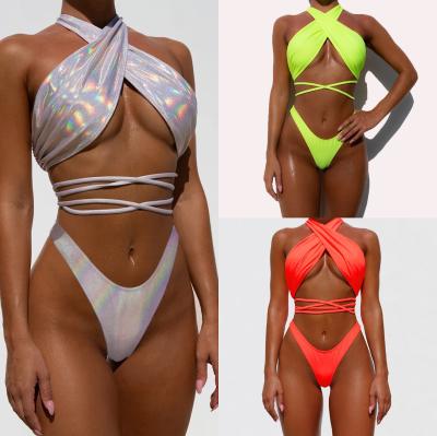 China Swimsuit 2021 Fluorescent Green Orange Halter Swimwear Bikini Set Front String Tie Cross T Style Antibacterial Antibacterial Two Piece Swimwear for sale