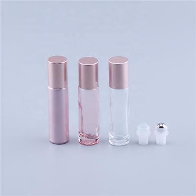 China Personal Care Essential Oil Use 10ml Pink Roll On Roller Glass Perfume Bottle With Rollerball And Rose Gold Glass Stainless Steel Cap Or for sale