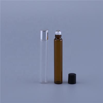 China Personal Care 10ml Slim Amber Clear Perfume Roll On Glass Bottle For Travel Essential Oil Metal Roll Packing Container for sale