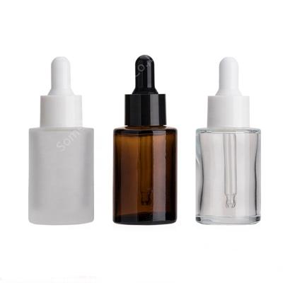 China Original Personal Care 30ml Shoulder Dropper Bottle Glass Essence Bottle Clear Amber Essential Oil Flat Bottle for sale