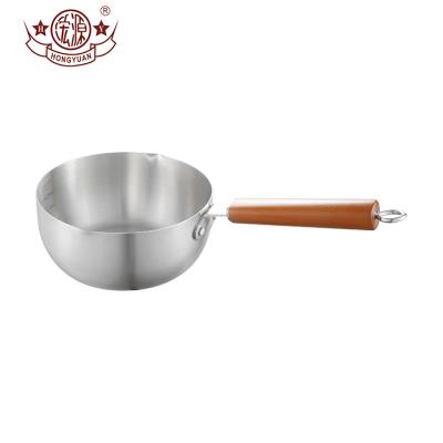 China Japanese Round Stainless Sauce Pan Snow Coated Milk Stocked Saucepan With Wooden Handle for sale