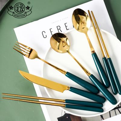 China Stocked Food Grade Green Gold Colored Dessert 304 Stainless Steel Fork Spoon Knife for sale