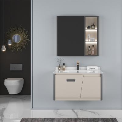 China Modern European style plywood bathroom vanity cabinet in white melamine finish with ceramic basin mirror set for sale