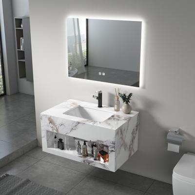 China Modern Modern Hotel Marble Basin Sink Cabinet Smart  Rock Plate Bathroom Vanity Led Mirror for sale