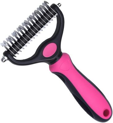 China Stored Double Sided Pet Grooming Tool Dog Dematting Comb And Pet Shedding Rake for sale