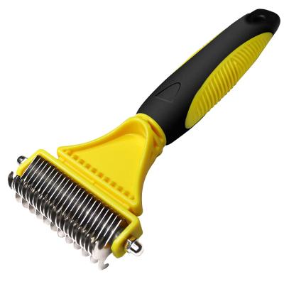 China Stocked Dog Grooming Tool Pet Dematting Comb With 2 Sided Professional Underlay Pet Rake Grooming Rake Tool for sale