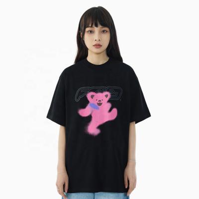 China Original FMG Graffiti Spray Paint Compressed Bear Short Sleeved Loose Couples Cartoon Trend Men's Casual Wild 100% Cotton T-Shirt for sale