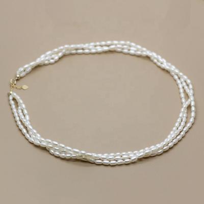 China CLASSIC N010 3-4mm 3A rice bead three layer necklace top selling fashionable ladies necklace pendant for sale