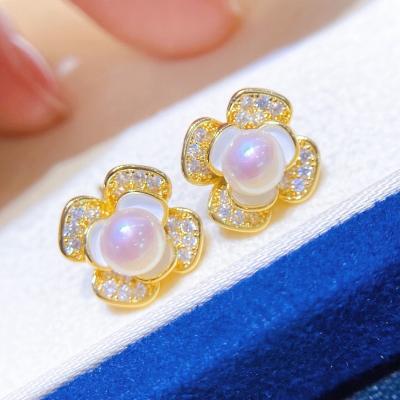 China Real CLASSIC Freshwater Pearl Bread Shape Flower E025 Natural White 14k Gold Plated Retro Jewelry for sale