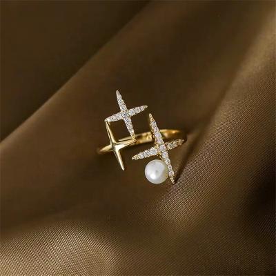 China R006 CLASSIC Star Clusters Shape 7-8mm 5A Pearl Ring Bread Shape Natural Freshwater White Gold Plated Adjustable Jewelry for sale