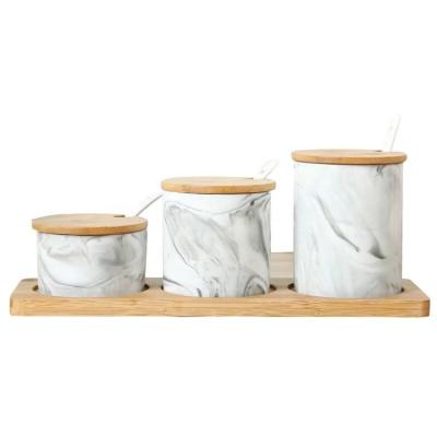 China Sustainable Modern Kitchen Take Care Luxury Single Lid Porcelain Marble Seasoning Container Bamboo Spice Jars With Wood Rack for sale