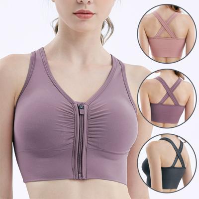 China Back Front Zipper Bra Top Sexy Yoga Bra Women Bright Adjustable Cross Color Comfortable Cheap Breathable Yoga Bra For Yoga for sale