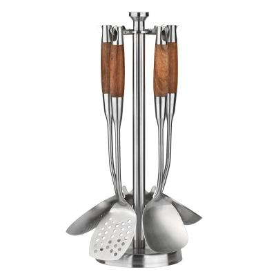 China Sustainable 6 Piece 304 Stainless Steel Kitchen Utensil Set With Wooden Holder Handle Heat Resistant Kitchen Tools for sale