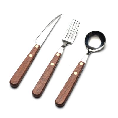 China 6-Pack Wooden Handle Stainless Steel Flatware Set Fork Spoon Knife Viable Heat Resistant Flatware Set for sale