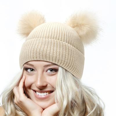 China COMMON Custom Adult Kid Winter Hats Warm Mother Baby Knit Hat Crochet Beanie Ski Hat With Faux Fur Pompom for sale