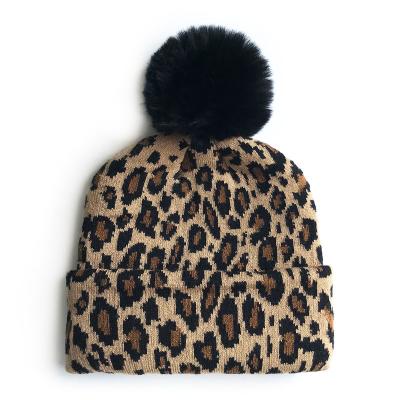 China New Trend COMMON Cute Autumn And Winter Warm Children's Sweater Hat Print Leopard Knitted Pom Hats Big Black Hair Ball Knitting Hats for sale