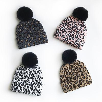 China Fashion JOINT Hot Sale Winter Children's Embroidery Leopard Beanie Hat Warm Knitted Hats For Girls Boys for sale