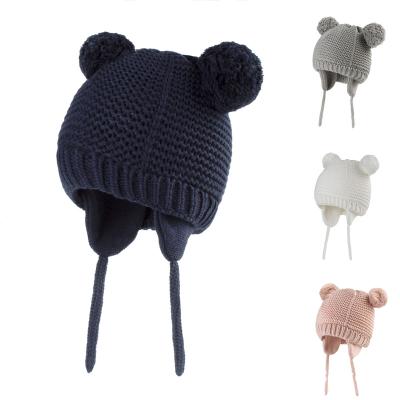 China Baby COMMON Beanies Hat Winter Earflaps Thick Double Pom Pom Plus Wool Knitted Beanie Hats for sale