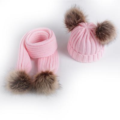 China COMMON Kids Children Warm Winter Knit Pompom Hat Scarf Set Cute Knitted Baby Pom Pom Beanies Girls Boys Furry Balls Cap Hat for sale