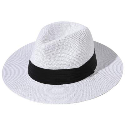 China Unisex Women's Wide Brim Straw Panama Roll Up Fedora Hats Belt Buckle Beach Sun Hat UPF50+ for sale