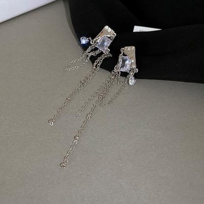 China Fashion romantic silver long niche earrings tassel chain long zircon diamond needle earrings exaggerated earrings women for sale