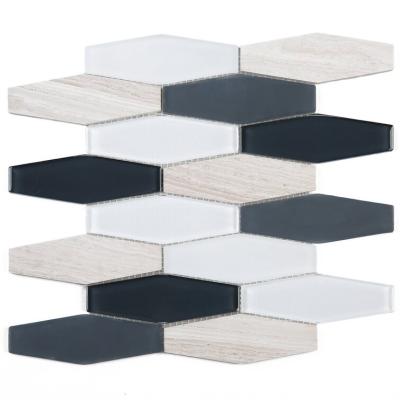 China Modern High Quality Indoor Long Hexagon Mix Colors Stone Glass Mosaic Backsplash Bathroom Wall Tile for sale