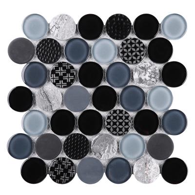 China Modern Creative Design High Quality Price Best Around Black Gray Backsplash Mosaic Penny Glass Mixed Marble Mosaic Wall Tile for sale