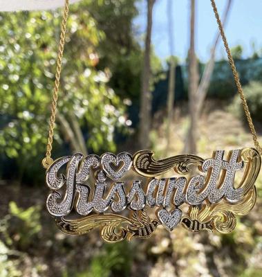 China Custom Made TRENDY Any Name Jewelry 14K Plated Two Tone Gold Personalized Double Plate 3D Name Necklace for sale