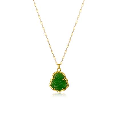 China FASHION Responsive 18K Gold Plated Green Emerald Jade Buddha Pendant Necklace Titanium Steel Chain Necklace for sale