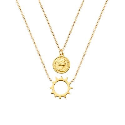 China New CLASSIC Gold Plated Double Layered Sun Coin Pendant Necklace Charm Elizabeth Queen Coin Choker Women Jewelry Accessories Gift for sale