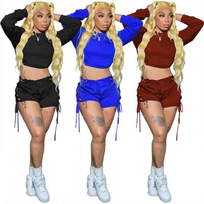 China Anti-pilling Dropshipping 2022 women clothing long sleeve crop hoodies sweatshirts with bandage biker shorts women two piece set for sale