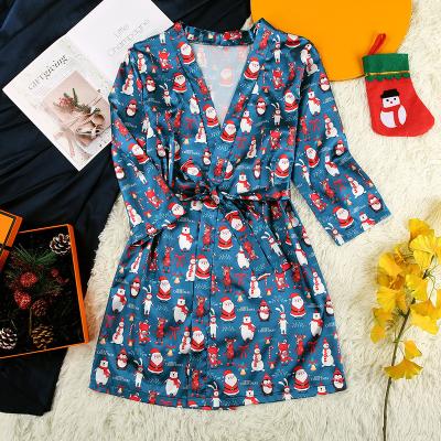 China 2021 autumn and winter new arrival Christmas nightgown women's sexy V-neck shorts satin printed cardigan QUICK DRY for sale