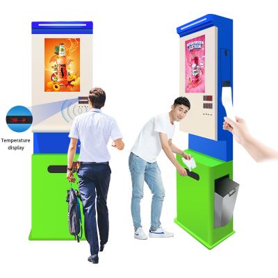 China Foam Soap Dispenser Advertising Display Temperature Kisok Disinfection Liquid Automatic Soap Dispenser With Cloth And Recycle Bin for sale