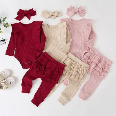 China 2021 Autumn Casual Children's Clothing Girls Pink Long Sleeve Lace-Wrapped Romper Three-Piece Suit With Bow Headband for sale