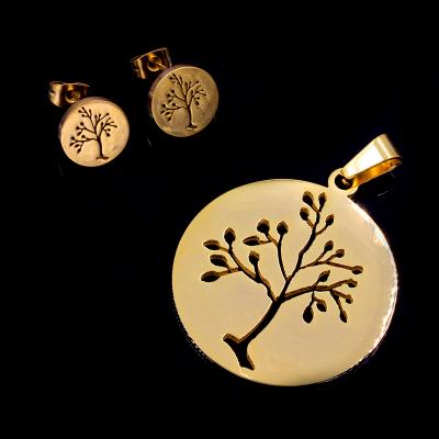 China Cute Round Shape Trendy Tree Pendant+Two Fashion Earrings Stainless Steel Two Color Jewelry Set for sale