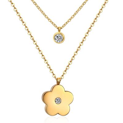 China TRENDY Wholesale Fashion Zircon Flower Shape Pendant Necklace Stainless Steel Double Chain Necklace Jewelry for sale