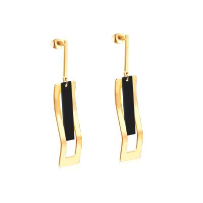 China Fashion CLASSIC Women Costume Jewelry African Inspired Gold Rectangle Shape Black Shell Stainless Steel Long Drop Earring for sale