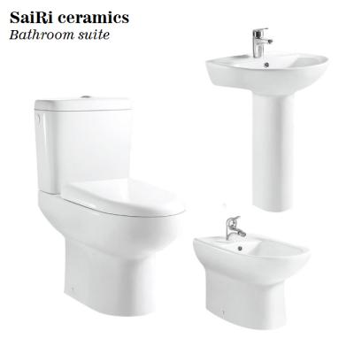 China Modern p-trap hot wash down water closet+pedestal basins+bidet two piece suite set for sale