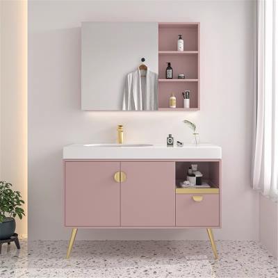 China Modern Design Hotel Bathroom Cabinet Cute Pink Corner PVC Furniture Waterproof Bathroom Vanity With Mirror for sale