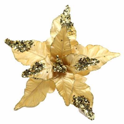 China Single Stem Flower Sequin Sparkle Artificial Flower Christmas Decoration DIY Garland Ornaments Golden Poinsettia for sale