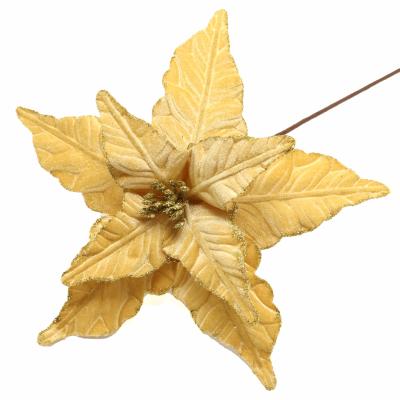 China Wholesale Flower Single Plant Stem Christmas Decoration Christmas Wreath Ornaments Gold Floral Velvet Picks Artificial Poinsettia for sale