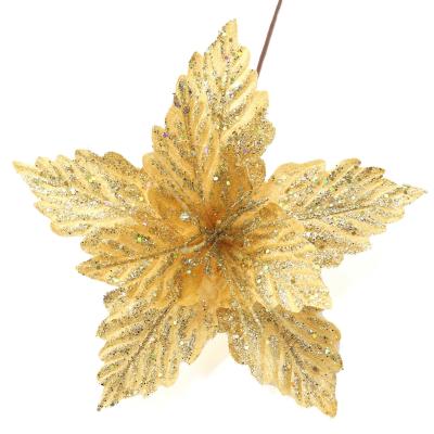 China Romantic Artificial Flower Decorative Glitter Flower Maker Party Decoration Fabric Poinsettia Floral Ornament for Home Office Mall Hotel for sale