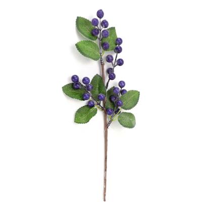 China Handmade Frosted Stem Holly Spray Green Leaves Blueberry Berry Picks for Wreath Garland Christmas Tree Decoration for sale