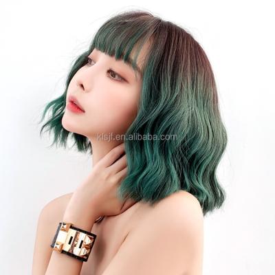 China Short Regular Wave Wigs With Bangs Ombre Gray To Shoulder Green Wavy Curly Length Synthetic Wig for sale