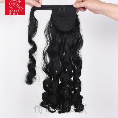 China Heat Resistant Black Water Wave Ponytail Hair Extension Clip In Wrap Around Ponytails for sale