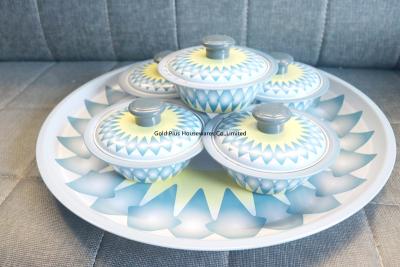 China 45cm Set of five spun stainless steel bowl and tray blue color kitchen serving bowl set with round tray zu verkaufen